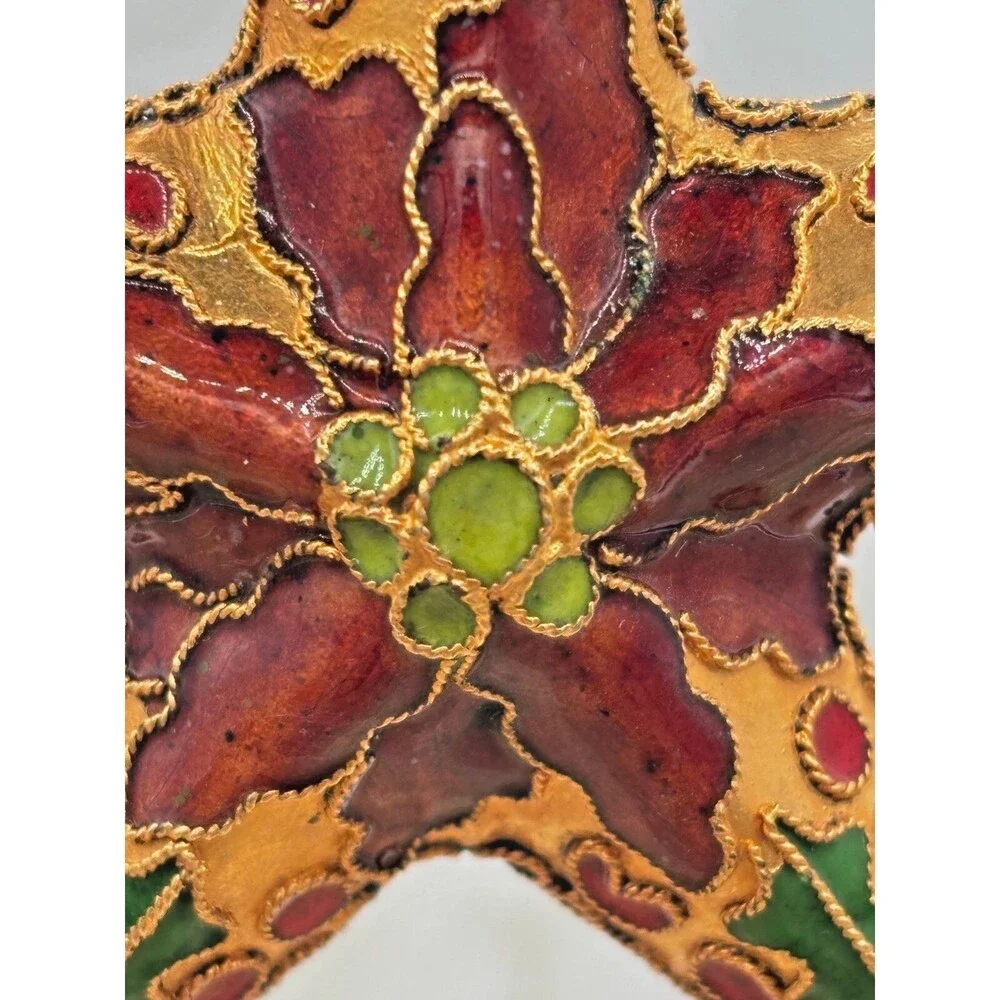 Cloisonne Red Enamel Gold Metal Holly Floral Star Christmas Hanging Ornament EUC